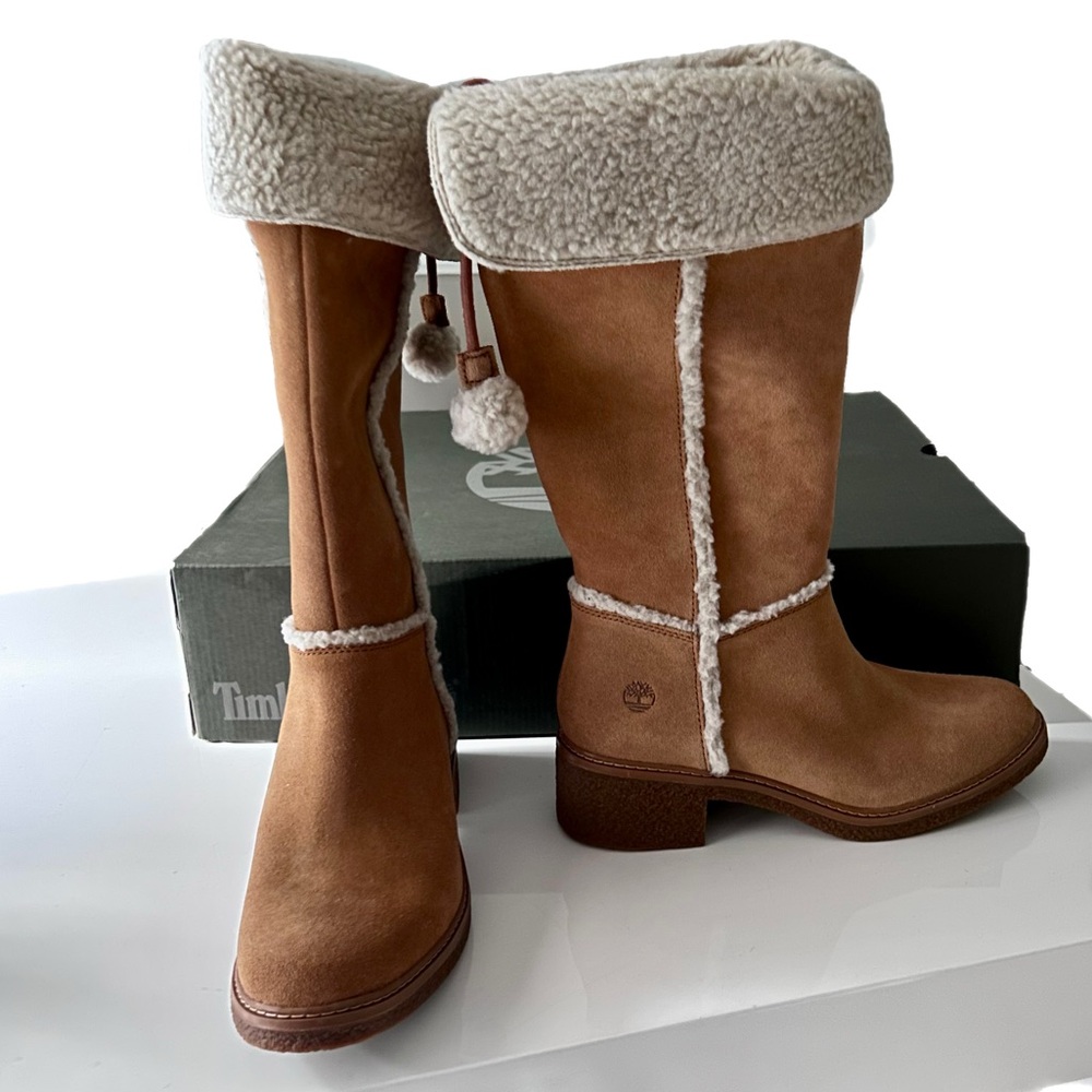 Timberland Brinda Tall Boot Brown Suede Faux Shearling 7 Western Aspen Chic Boho